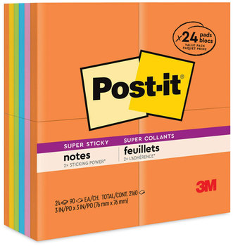 Post-it® Notes Super Sticky Pads in Energy Boost Colors Collection 3" x 90 Sheets/Pad, 24 Pads/Pack