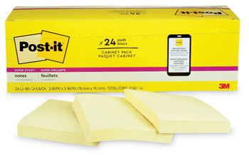 Post-it® Notes Super Sticky Pads in Cabinet Pack. 3 X 3 in. Canary Yellow. 90 sheets/pad, 24 pads/pack.