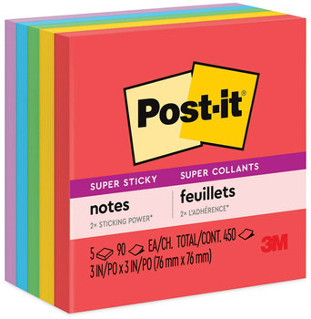 Post-it® Notes Super Sticky Pads in Playful Primary Colors Collection 3" x 90 Sheets/Pad, 5 Pads/Pack