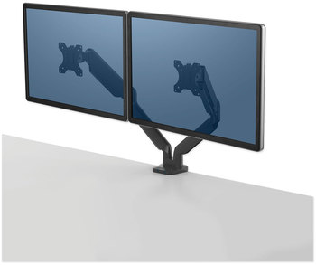 Fellowes® Platinum Series Dual Monitor Arm for 27" Monitors, 360 deg Rotation, +85 deg/-20 Tilt, Pan, Black, Supports 20 lb