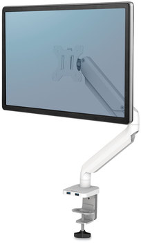 Fellowes® Platinum Series Single Monitor Arm For 27" Monitors, 360 deg Rotation, 45 Tilt, 180 Pan, White, Supports 20 lb