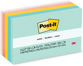 Post-it® Notes Original Pads in Beachside Cafe Colors Collection 3" x 5", 100 Sheets/Pad, 5 Pads/Pack