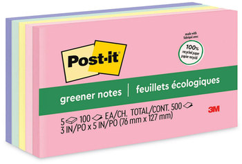 Post-it® Greener Notes Original Recycled Note Pads 3" x 5", Sweet Sprinkles Collection Colors, 100 Sheets/Pad, 5 Pads/Pack