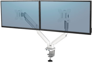 Fellowes® Platinum Series Dual Monitor Arm For 27" Monitors, 360 deg Rotation, 45 Tilt, 180 Pan, White, Supports 20 lb