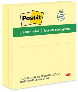 Post-it® Greener Notes Original Recycled Note Pads 3" x 5", Canary Yellow, 100 Sheets/Pad, 12 Pads/Pack