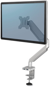 Fellowes® Platinum Series Single Monitor Arm For 27" Monitors, 360 deg Rotation, 45 Tilt, 180 Pan, Silver, Supports 20 lb