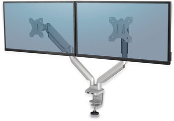 Fellowes® Platinum Series Dual Monitor Arm For 27" Monitors, 360 deg Rotation, 45 Tilt, 180 Pan, Silver, Supports 20 lb