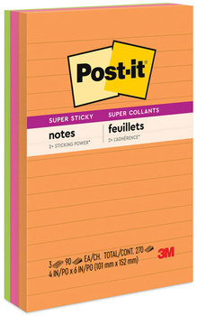 Post-it® Notes Super Sticky Pads in Energy Boost Colors Collection Note Ruled, 4" x 6", 90 Sheets/Pad, 3 Pads/Pack