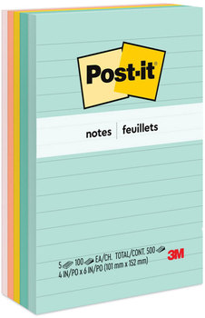 Post-it® Notes Original Pads in Beachside Cafe Colors Collection Note Ruled, 4" x 6", 100 Sheets/Pad, 5 Pads/Pack
