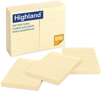 Highland™ Self-Stick Notes Note Ruled, 4" x 6", Yellow, 100 Sheets/Pad, 12 Pads/Pack
