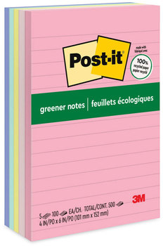 Post-it® Greener Notes Original Recycled Note Pads Ruled, 4" x 6", Sweet Sprinkles Collection Colors, 100 Sheets/Pad, 5 Pads/Pack