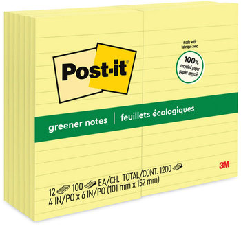 Post-it® Greener Notes Original Recycled Note Pads Ruled, 4" x 6", Canary Yellow, 100 Sheets/Pad, 12 Pads/Pack