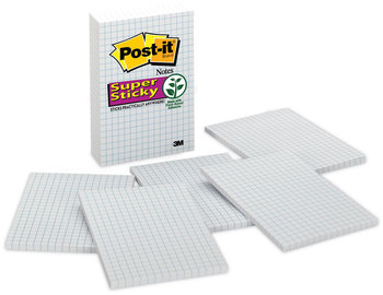 Post-it® Notes Super Sticky Grid Quad Ruled, 4" x 6", White, 50 Sheets/Pad, 6 Pads/Pack