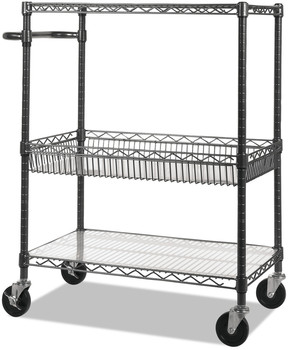 Alera® Three-Tier Wire Cart with Basket Metal, 2 Shelves, 1 Bin, 500 lb Capacity, 34" x 18" 40", Black Anthracite