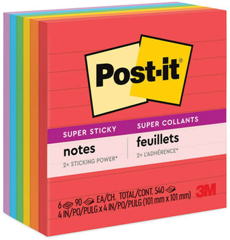 Post-it® Notes Super Sticky Pads in Playful Primary Colors Collection Note Ruled, 4" x 90 Sheets/Pad, 6 Pads/Pack