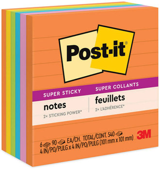 Post-it® Notes Super Sticky Pads in Energy Boost Colors Collection Note Ruled, 4" x 90 Sheets/Pad, 6 Pads/Pack