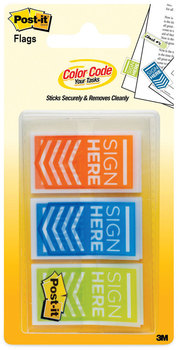 Post-it® Flags Arrow Message 1" Page "Sign Here", Blue/Lime/Orange, 20 Flags/Dispenser, 3 Dispensers/Pack