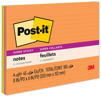 Post-it® Notes Super Sticky Meeting in Energy Boost Colors Collection Note Ruled, 8" x 6", 45 Sheets/Pad, 4 Pads/Pack
