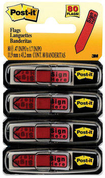 Post-it® Flags Arrow Message 1/2" 0.5" Page in Dispenser, "Sign Here", Red, 20 4 Dispensers/Pack