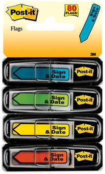 Post-it® Flags Arrow Message 1/2" 0.5" Page Sign and Date, 4 Primary Colors, 20 Flags/Dispenser, Dispensers/Pack