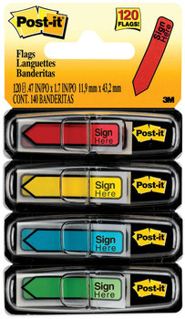 Post-it® Flags Arrow Message 1/2" 0.5" Page w/Dispensers, "Sign Here", Asst Primary, 30 Dispenser, 4 Dispensers/Pack