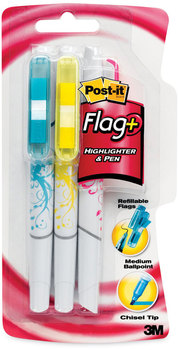 Post-it® Flag+ Highlighter & Pen and Assorted Ink/Flag Colors, Chisel/Conical Tips, Barrel Colors/Graphics, 3/Pack