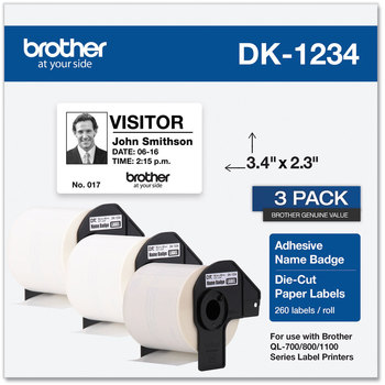 Brother Pre-Sized Die-Cut Label Rolls Name Badge Labels, 2.3 x 3.4, White, 260 Labels/Roll, 3 Rolls/Pack