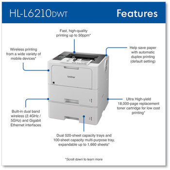 Brother HL-L6210DWT Business Monochrome Laser Printer with Dual Paper Trays