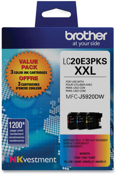 Brother LC20E3PKS Inks Super High-Yield Ink, 1,200 Page-Yield, Cyan/Magenta/Yellow, 3/Pack