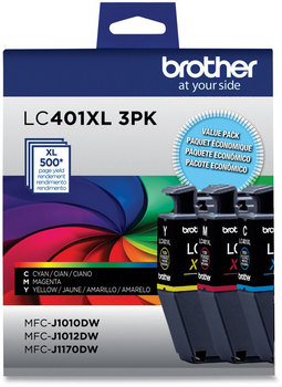 Brother LC401XL High-Yield Inks LC401XL3PKS Ink, 500 Page-Yield, Cyan/Magenta/Yellow, 3/Pack