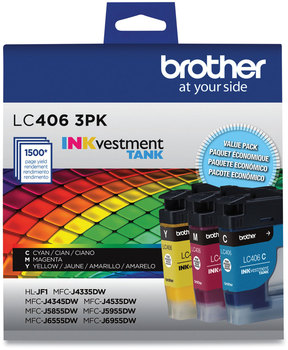 Brother LC406 Inks LC4063PK INKvestment Ink, 1,500 Page-Yield, Cyan/Magenta/Yellow, 3 Pack