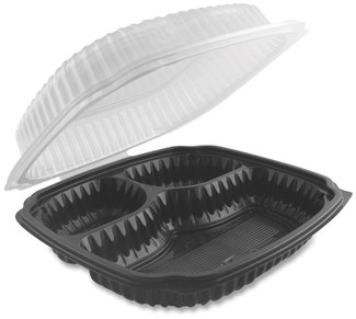 Anchor Packaging Culinary Lites® Microwavable Container 3-Compartment 20 oz/5 oz/ 5 oz, 9 x 3.13, Clear/Black, Plastic, 100/Carton