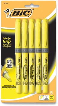 BIC® Brite Liner® Grip Pocket Highlighter Fluorescent Yellow Ink, Chisel Tip, Yellow/Black/Silver Barrel, 5/Pack