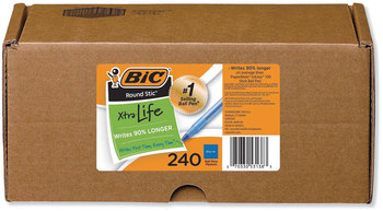 BIC® Round Stic™ Xtra Precision & Life Ballpoint Pens Pen Xtra-Value Pack, Stick, Medium 1.2 mm, Blue Ink, Translucent Barrel, 240/Carton