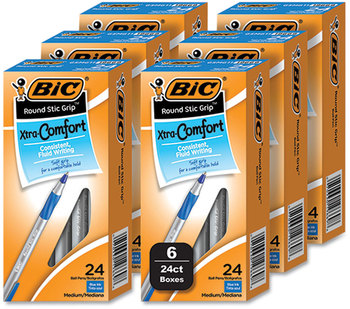 BIC® Round Stic Grip™ Xtra Comfort Ballpoint Pen Medium 1 mm, Blue Ink, Gray/Blue Barrel, 24/Box, 6 Boxes/Pack