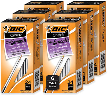 BIC® Cristal® Xtra Smooth Ballpoint Pen Stick, Medium 1 mm, Black Ink, Clear Barrel, 24/Box, 6 Boxes/Pack