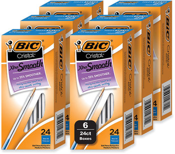 BIC® Cristal® Xtra Smooth Ballpoint Pen Stick, Medium 1 mm, Blue Ink, Clear Barrel, 24/Box, 6 Boxes/Pack