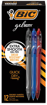 BIC® Gel-ocity™ Quick Dry Retractable Gel Pen Fine 0.7 mm, Three Assorted Ink and Barrel Colors, Dozen