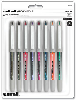 uniball® VISION Needle™ Stick Roller Ball Pen Fine 0.7 mm, Assorted Ink and Barrel Colors, 8/Pack