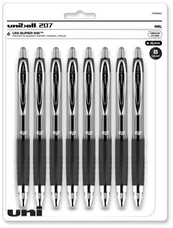 uniball® Signo 207™ Retractable Gel Pen Medium 0.7 mm, Black Ink, Clear/Black Barrel, 8/Pack