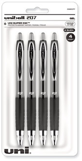 uniball® Signo 207™ Retractable Gel Pen Medium 0.7 mm, Black Ink, Smoke/Black Barrel, 4/Pack