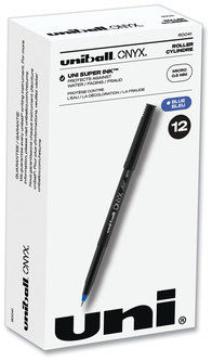 uniball® ONYX® Rollerball Pen Roller Ball Stick, Extra-Fine 0.5 mm, Blue Ink, Black/Blue Barrel, Dozen