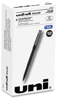 uniball® Roller Ball Stick Pen Fine 0.7 mm, Blue Ink, Black/Blue Barrel, Dozen