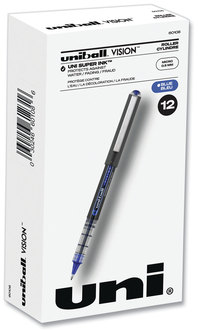 uniball® VISION™ Stick Roller Ball Pen Extra-Fine 0.5 mm, Blue Ink, Gray/Blue/Clear Barrel, Dozen