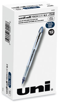 uniball® VISION ELITE™ Stick Roller Ball Pen Hybrid Gel Bold 0.8 mm, Blue-Infused Black Ink, White/Blue/Clear Barrel