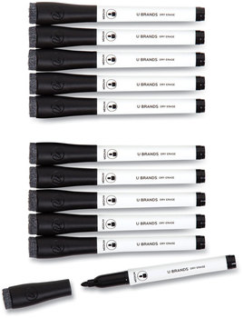 U Brands Medium Point Low-Odor Dry-Erase Markers with Erasers Bullet Tip, Black, Dozen