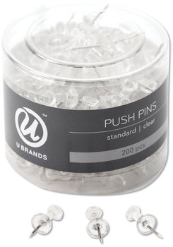 U Brands Standard Push Pins Plastic, Clear, 0.44", 200/Pack