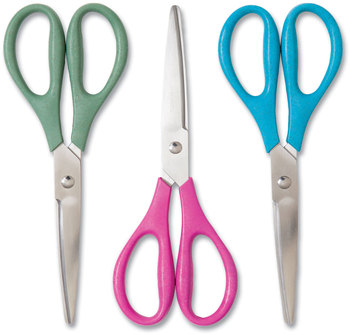 U Brands U-Eco™ Scissors Concave Tip, 9.45" Long, 3" Cut Length, Assorted Straight Handle, 3/Pack