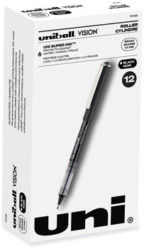 uniball® VISION™ Roller Ball Pen Stick, Bold 1 mm, Black Ink, Gray/Black/Clear Barrel, Dozen