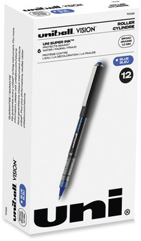 uniball® VISION™ Roller Ball Pen Stick, Bold 1 mm, Blue Ink, Black/Blue/Clear Barrel, Dozen